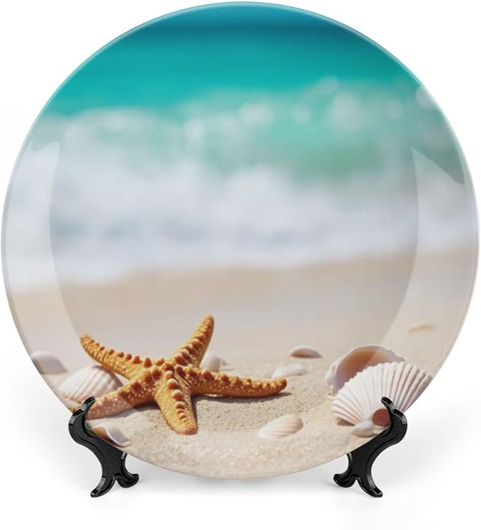 Starfish Theme Decorative Ceramic Plate Round Porcelain Plate,7 inch,Beach Pattern,for Decorative Ornaments Giving Plates,1 Plate with 1 Display Stand,Orange White