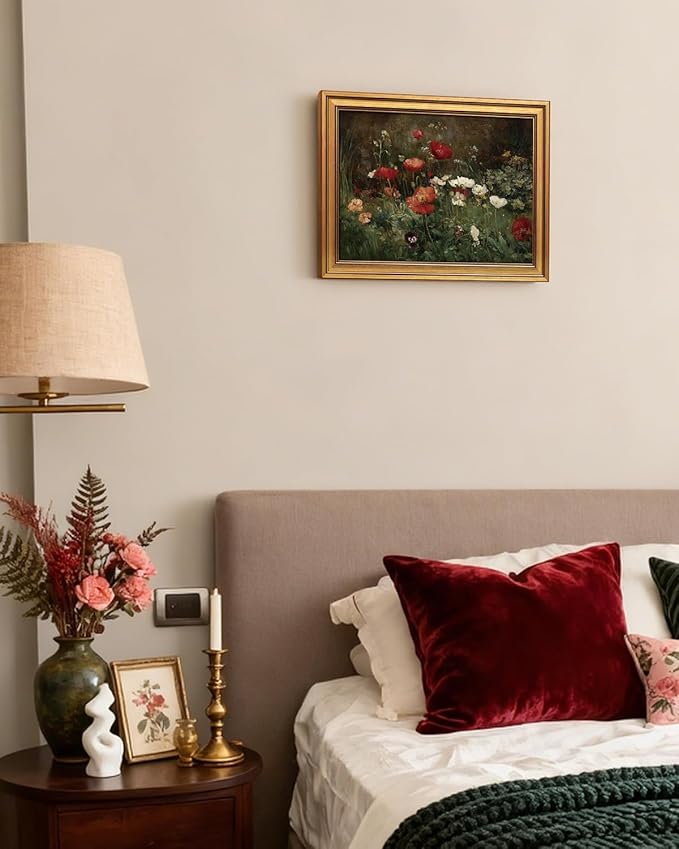 VIYYIEA Vintage Gold Framed Wall Art for Living Room, Flowers Canvas Prints Home Decor, Oil Painting Picture, Bedroom Wall Decor Gifts for Friends or Family -【Poppies】-(16L x 12W)