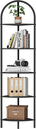 Homhedy 5-Tier Arched Corner Shelf Stand, Wall Corner Bookshelf with Metal Frame, Plant Stand, Industrial Storage Rack Shelf for Living Room, Bedroom, Office, Bathroom, Black