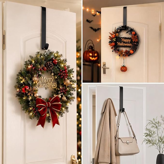 HappyFiller Wreath Hanger for Front Door, 15-25" Adjustable Heavy Duty Metal Hook Holds up to 20 lbs, Large Over the Door Wreath Holder for Christmas, Fall, Halloween Decorations & Home Decor (Black)