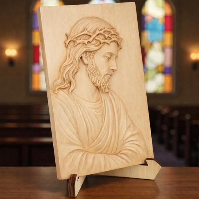 Hand-Carved Wooden Jesus Plaque – Christian Wall & Desk Decor with Stand, Natural Wood Relief Art, Catholic Religious Gift, Gift-Ready Box for Home Altar, Easter & Christmas