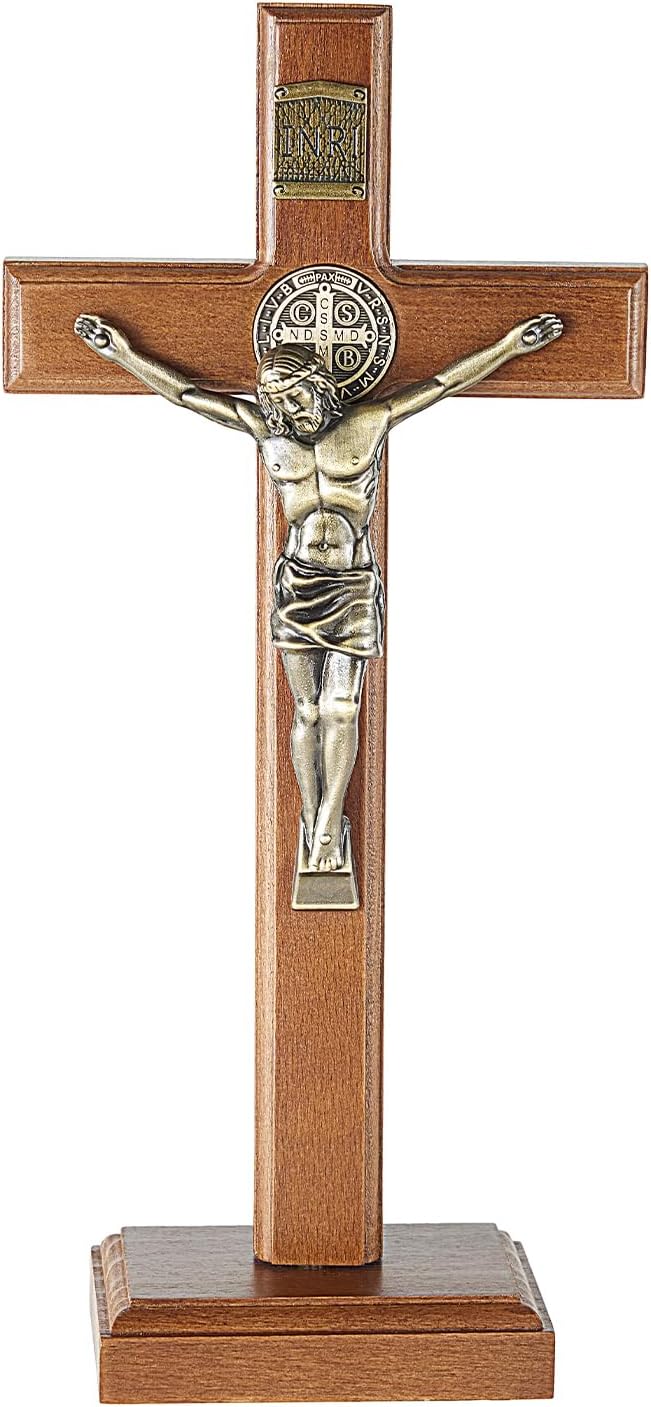 ACHIBANG 10.7" Wooden Standing Crucifix, Two-Way Catholic Jesus Cross Stand for Wall or Tabletop, Solid Faith Decor for Home