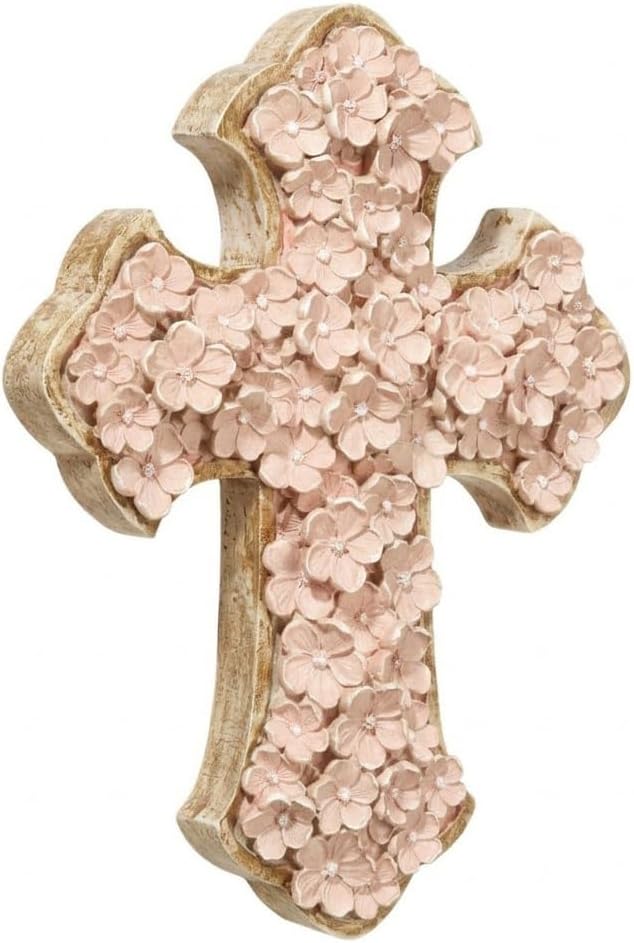 Dicksons Raised Flower Blossom Pastel Coral Pink 12 x 9 Resin Stone Hanging Wall Cross