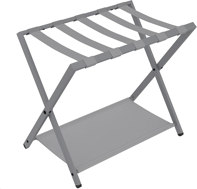 Luggage Rack, Folding Suitcase Stand for Guest, Foldable, Luggage Holders with Shelf, Steel Frame with Nylon Straps for Bedroom, Hotel, Holds up to 154 lb, Grey,1 Pack LR03899G