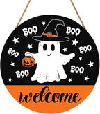 Halloween Door Decorations Cute Halloween Ghost Wreath Welcome Hey Boo Wood Hanger 12x12 Inch Farmhouse Holiday Wall Hanging Decorations for Home Porch Indoor Outdoor Party Supplies