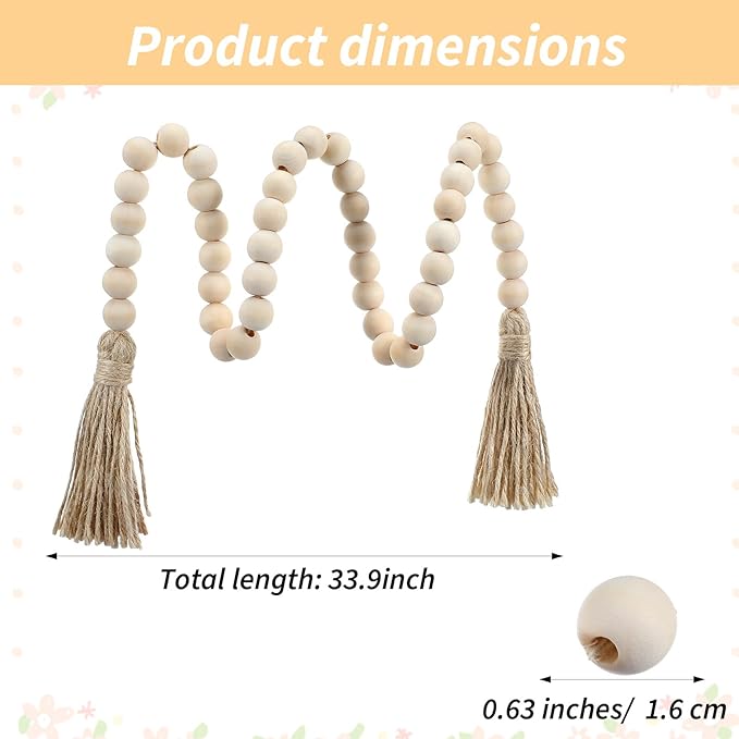 Wood Beads Garland with Tassels 33.86" Table Beads Natural Wooden Prayer Bead Rustic Country Boho Wall Hanging Decor for Boho Farmhouse Rustic Style Table Home Festival Decor