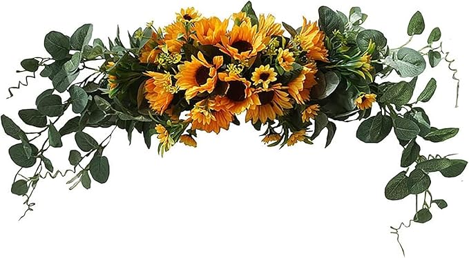Artificial Sunflower Swag, Decorative Sunflower Wreath with Eucalyptus Leaves Handmade Floral Swag for Mirror Home Wedding Party Door Tabletop Decoration(Green)