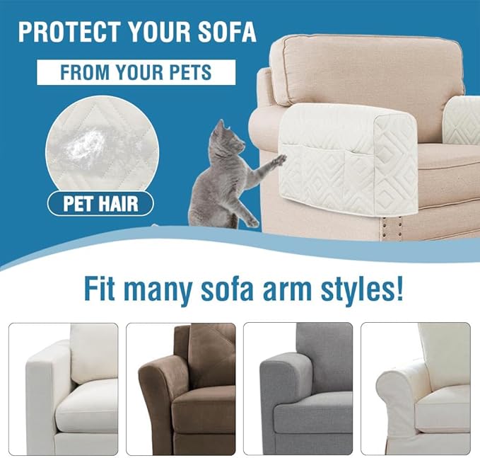 H.VERSAILTEX Armrest Covers for Sofa Water Resistant Couch Arm Covers Remote Control Holder Sofa Armrest Organizer for Magazine, Tablet, Phone, iPad(Set of 2, Ivory/Beige)