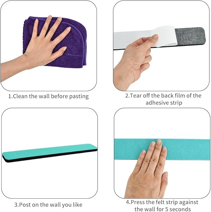 Vuzvuv 8 pcs Bulletin Board Bar Strips with 50 Pushpins & 10 Wooden Clip pins，Self Adhesive Cork Board for Wall，Felt Pin Board for School，Office Decor(Turquoise)