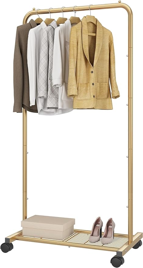 Simple Trending Standard Clothes Garment Rack, Clothing Rolling Rack with Mesh Storage Shelf on Wheels, Golden Yellow