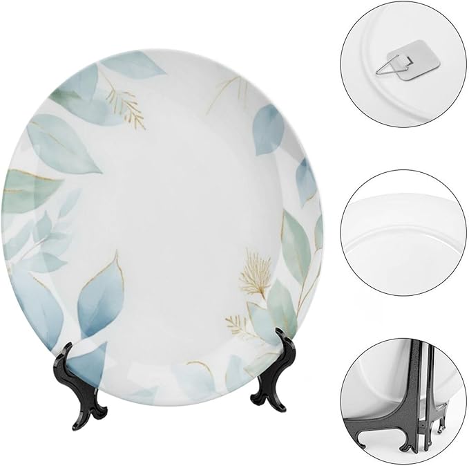 Leaf Theme Decorative Ceramic Plate Round Porcelain Plate,8 inch,Botanical Watercolor Pattern,for Decorative Ornaments Giving Plates,1 Plate with 1 Display Stand,Blue Green