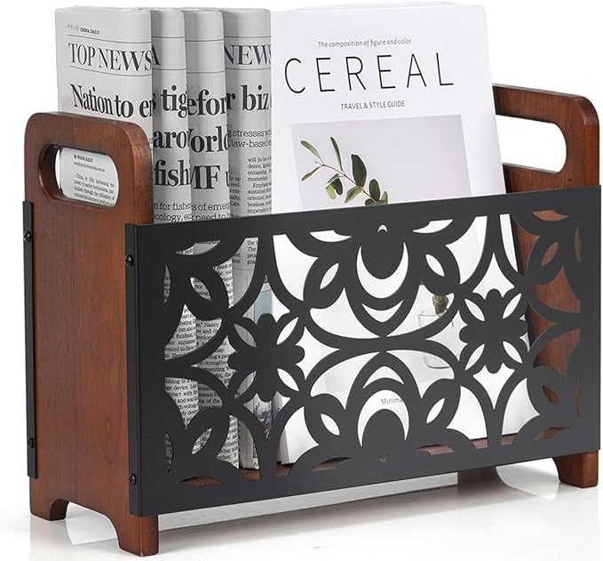 Magazine Holder,Wood Magazine Rack Floor,Rustic Magazine File Holder Organizer,Decorative Magazines Storage Basket for Books,Newspapers,Mails,Files
