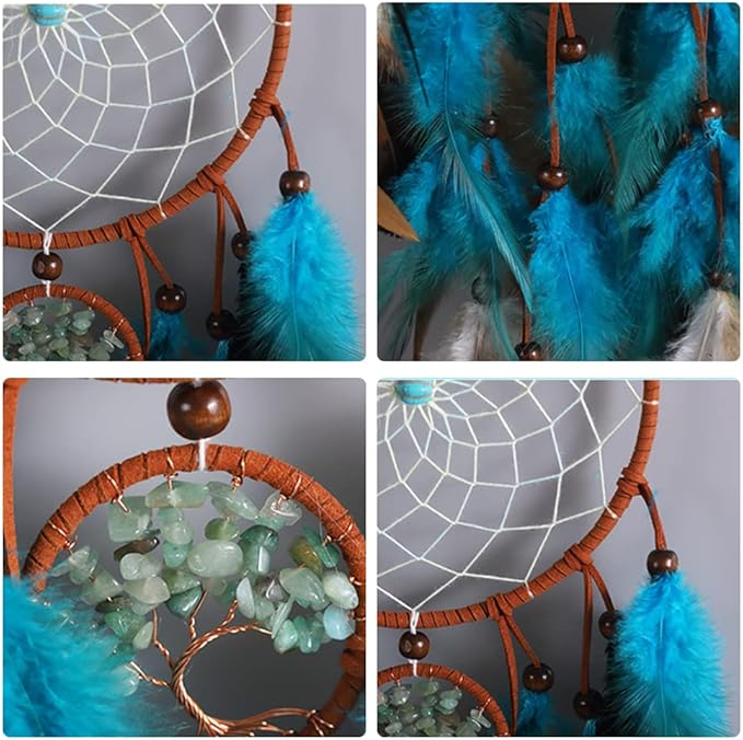 Feather Dream Catcher, Blue Tree of Life with Feathers Dreamcatcher Bead Wall Hanging Decor Indians Traditional Circular Net Hanging Art Ornament for Home Bedroom Decor(Blue)