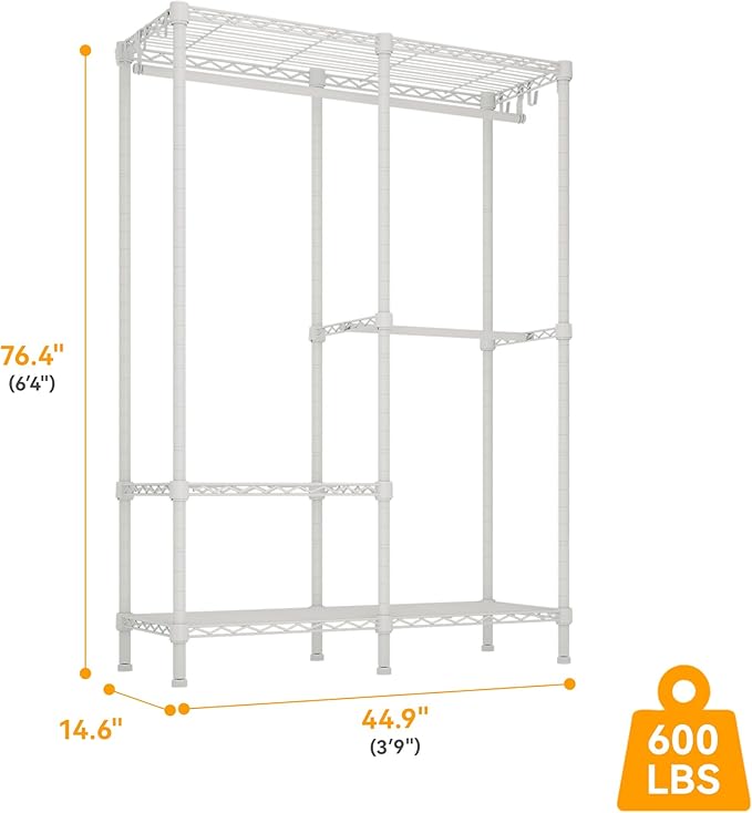 H18 Clothes Rack for Hanging Clothes, Heavy Duty Garment Rack, Portable Closet with Adjustable Shelves, Freestanding Wardrobe Closet for Bedroom Storage, White