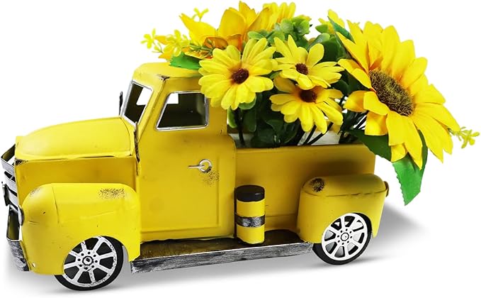 Metal Truck Decor with Artificial Flower Vintage Farm Pickup Farmhouse Tabletop Tiered Tray Decor, Rustic Farmhouse Decor for Table Top Decor Home Kitchen(Yellow)