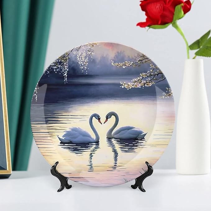Decorative Plates, Sunset Couple Swans Lake with Tree Painting Ceramic Dinner Plate Home Wobble-Plate with Display Stand, Wall Hanging Decor for Living Dining Room Kitchen Household 10 Inch