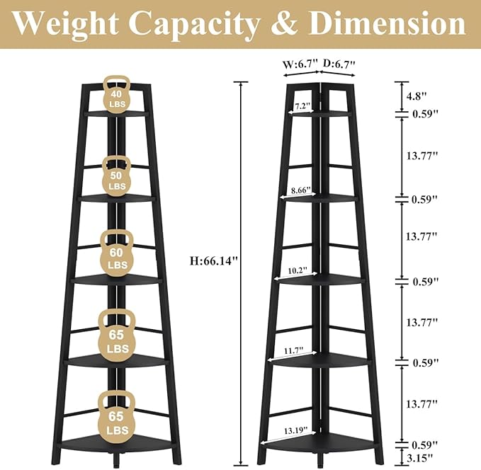 BON AUGURE 5-Tier Corner Shelf, Industrial Tall Corner Bookshelf for Living Room, Narrow Ladder Bookcase with Metal Frame, Rustic Wood Corner Plant Stand for Small Space, Home Office, Black Oak