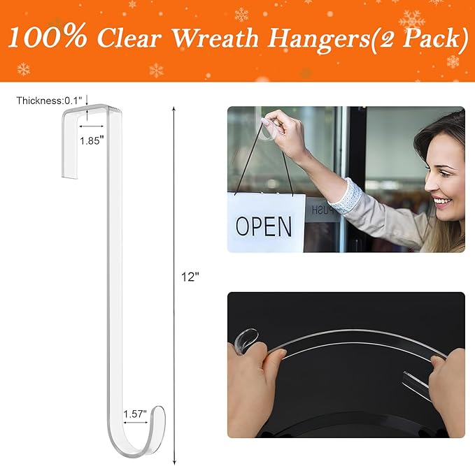 12 in Wreath-Hangers for Front Door,Door-Wreath-Hanger-Clear Over The Door Hooks,2 Pack Non-Scratch-Door-Hanger Hook for Easter Christmas Halloween Fall Wreath Decorations,Welcome Sign for Front Door