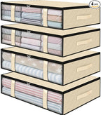 StorageRight Under Bed Storage Bags 4 Pack, 40L Large Clothes & Comforter Storage Containers with Clear Window, Breathable Fabric Organizer for Blankets, Bedding, Seasonal Clothing, Beige
