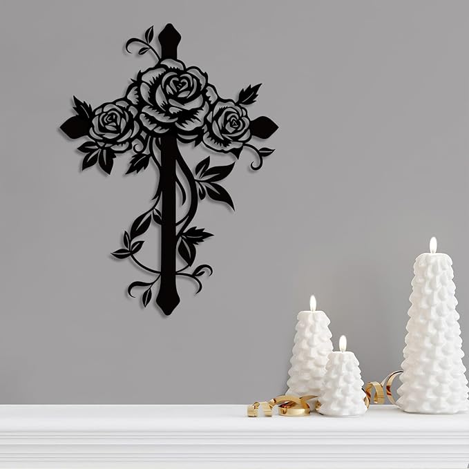 Kercan Metal Rose Cross Wall Decor - Modern Room Decor Black Cross Wall Art Home Decor for Living Room, Bedroom, Dining Room, Porch