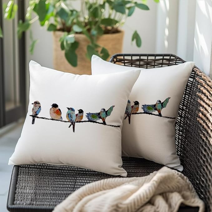 RABUSOFA Outdoor Birds Pillow Covers 20x20 Inch,Lumbar Small Throw Pillows for Couch,Spring Summer Hand-Painted Pillowcases,Teal Blue Pillows Decorative Throw Cushion Covers Cotton Linen for Sofa
