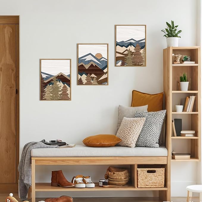 BINCUE Framed Mountain Wall Art Boho Landscape Wall Decor Mountain Artwork Boho Mountains Wall Pictures Landscape Paintings Rustic Farmhouse Decor for Office Living Room Bedroom Office 12" Lx16 W Set of 3