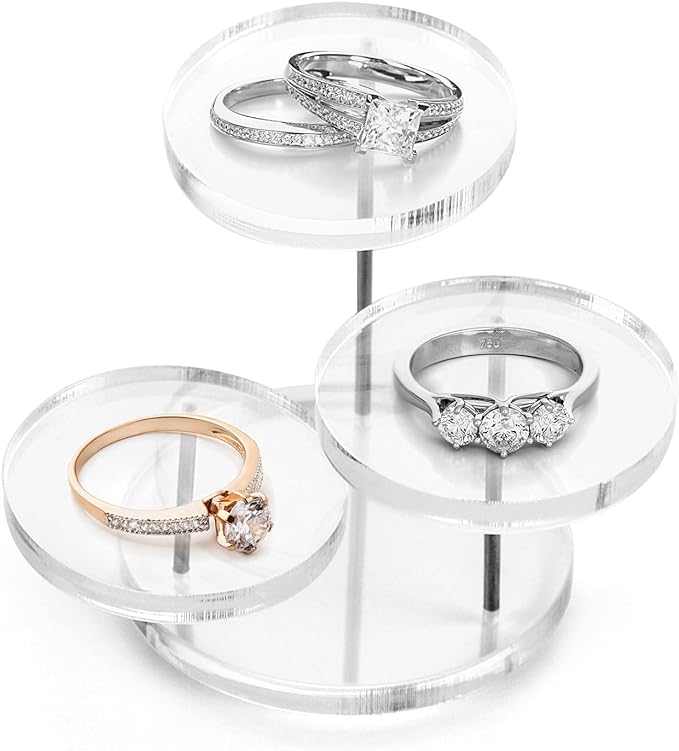 QWORK Round Acrylic Products Display Riser Stands, 3 Tier Jewelry Display Stands for Rings Earrings,Mini Figurines, Clear, 2 Pack