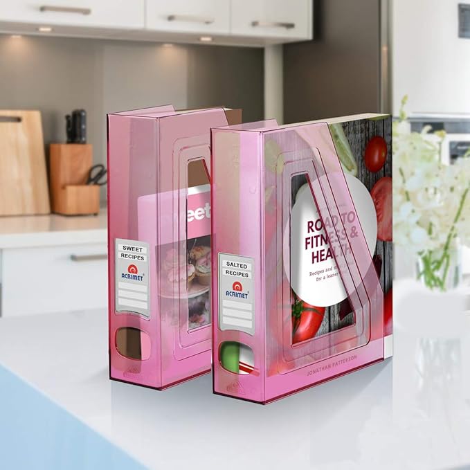 Acrimet Magazine File Holder Bin Storage, Vertical Rack for Documents, Folders and Mail, Durable Plastic Desk Organizer for Office & Home (Clear Pink Color) (2 Pack)