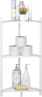 Wisuce Corner Shelf Stand - 3 Tier Bamboo Small Corner Bookshelf for Office Kitchen Bedroom Plant Stand Living Room Decor Small Space (White)