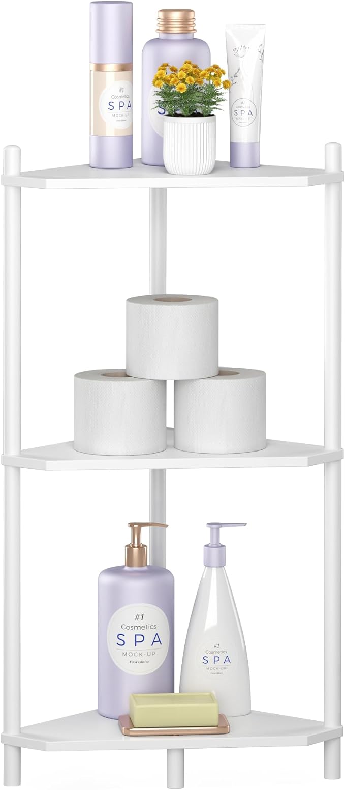 Wisuce Corner Shelf Stand - 3 Tier Bamboo Small Corner Bookshelf for Office Kitchen Bedroom Plant Stand Living Room Decor Small Space (White)