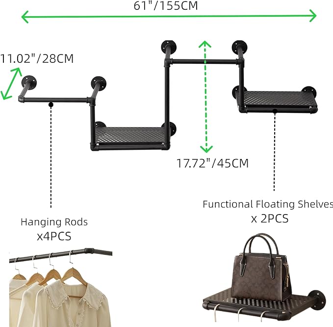 Industrial Pipe Clothing Rack with Floating Shelves, 2 Hanging Rods Wall Mounted Garment Rack, Heavy Duty Iron Clothes Bar, Space-Saving Clothing Hanging Rails for Closet (2 hanging rods 1 shelf)