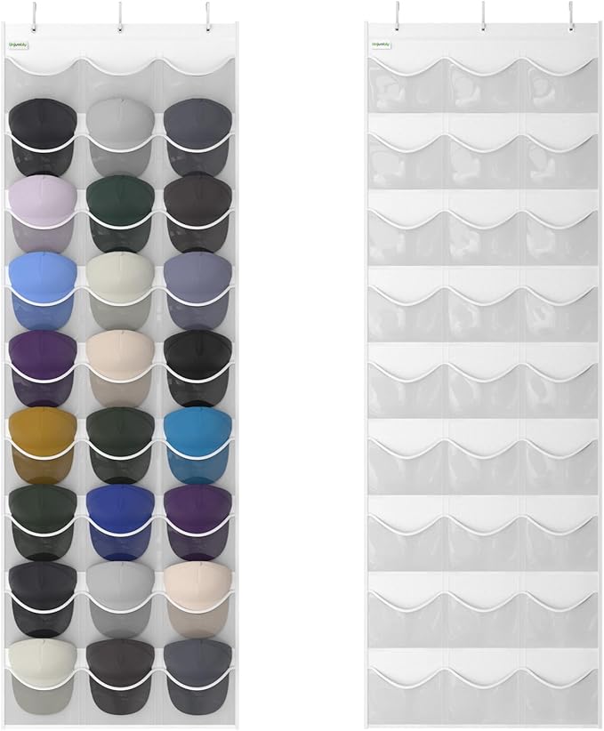 Unjumbly Baseball Hat Rack, 27 Pocket Over-The-Door Hat Organizer with Clear Deep Pockets to Display Baseball Caps Collection, Complete with 3 Over Door Hooks (White, 27 Pockets)