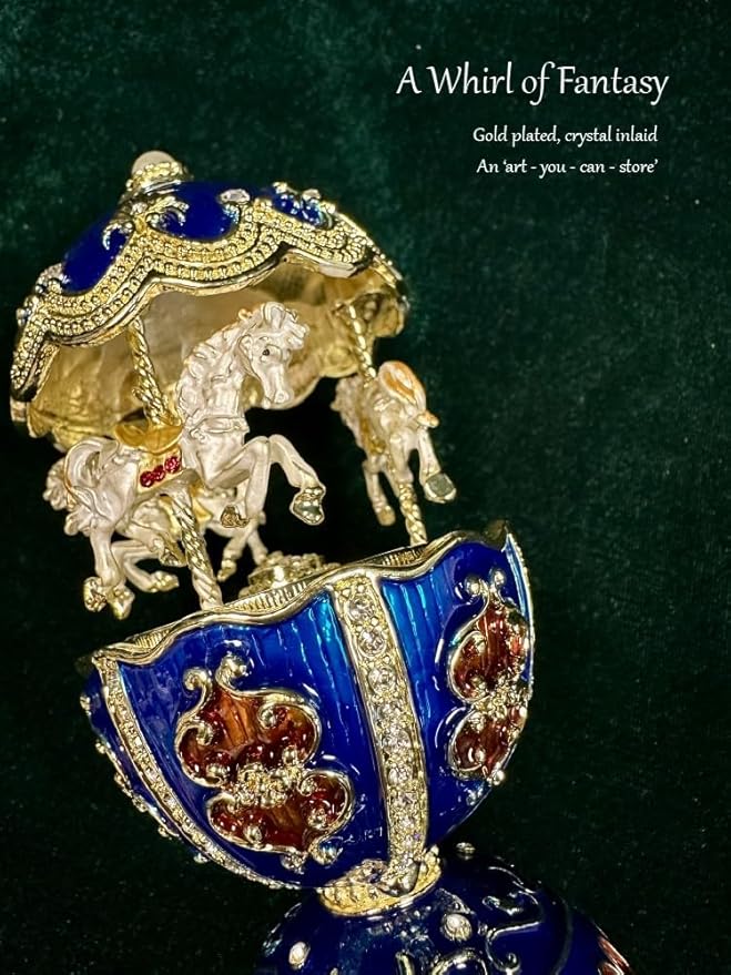 Gilded Blue Carousel Music Box, Rotating Horse Christmas Tune Jewelry Box, Enameled Trinket Keepsake with Gold Accents