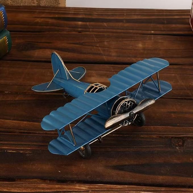 Jinglong Vintage Biplane Model Ornament Creative Metal Crafts Home Study Desktop Decoration Gift (Blue)