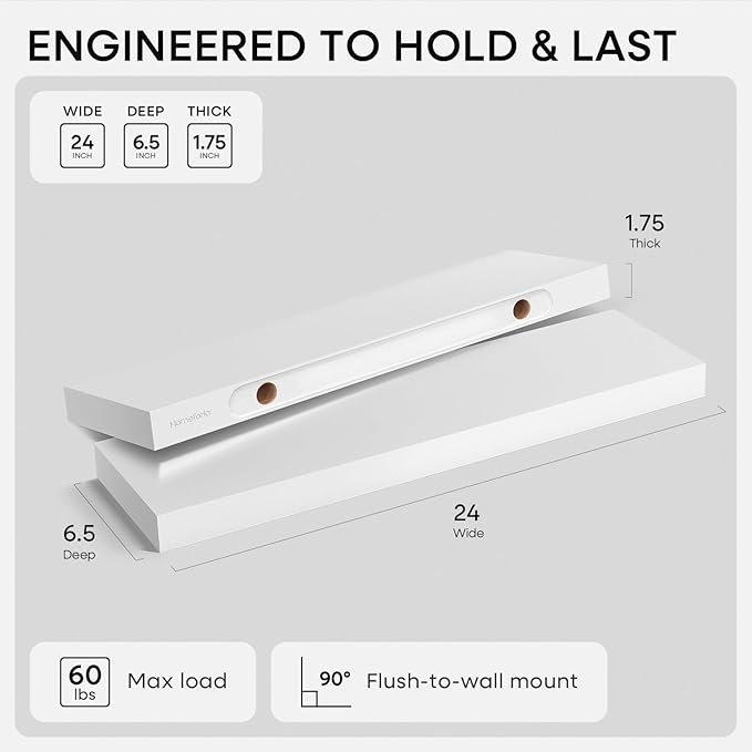 Homeforia White Floating Shelves 24 inch, High End Solid Real Wood 24inch Bathroom Floating Shelf for Wall Mounted, White Wooden 24in Floating Shelves, Heavy Duty Bracket, 24 X 6.5 X 1.75 in, Set of 2