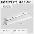 Homeforia White Floating Shelves 24 inch, High End Solid Real Wood 24inch Bathroom Floating Shelf for Wall Mounted, White Wooden 24in Floating Shelves, Heavy Duty Bracket, 24 X 6.5 X 1.75 in, Set of 2