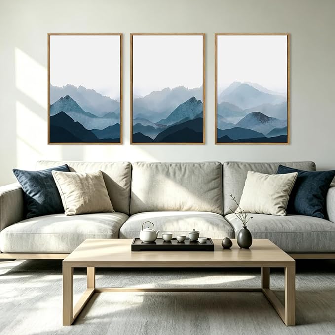 BINCUE Framed Blue Mountain Wall Decor Fog Blue Ridge Mountains Wall Art Minimalist Landscape Artwork Simple Blue Pictures Modern Mountain Wall Paintings for Living Room Bedroom Office 16x24 Inches Set of 3 Gift