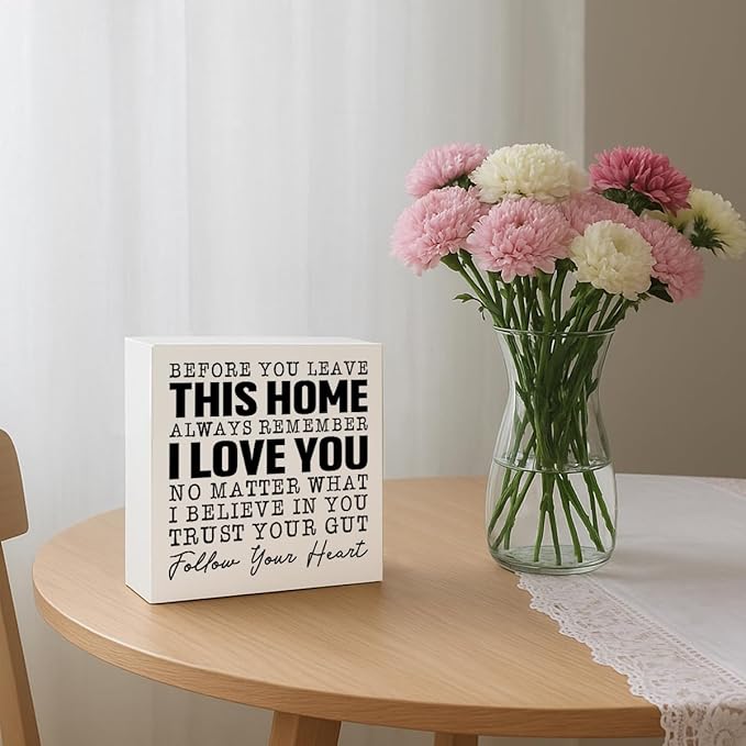 Before You Leave This Home Sign, Heartfelt Family Reminder & Wall Art, Always Remember Signs, I Love You Signs, Wooden Home Decor,Housewarming Gift, Box Sign Decor Tabletop, 5.1x5.1inches