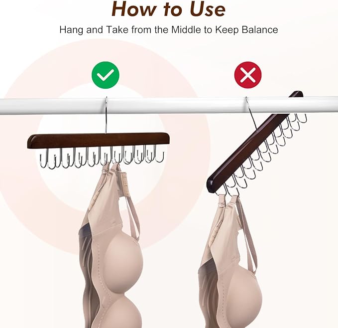 HOUSE DAY Belt Hanger for Closet 1 Pack, 20 Hooks Bra/Tie/Tank Top Hanger, Space Saving Hangers Storage Max 20 Belts/Ties, Sturdy Wooden Belt Rack Closet Accessories