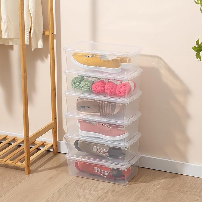 Shoe Storage Box Clear Plastic Stackable Storage box with Lid Durable Closet Containers for Shoes, Crafts and Art Supplies (12 Pack-6Qt)