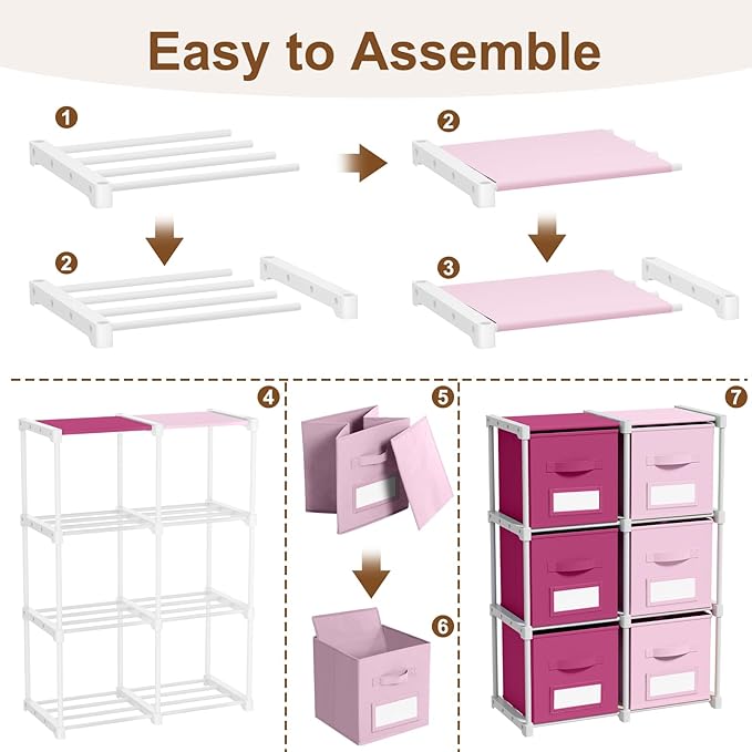 Geelin 6 Pink Cube Storage Organizer with Fabric Bins and Labels, 11 Inch Collapsible Toy Organizer Shelf Storage Bins Dresser Drawer for Girls Bedroom Nursery Playroom Room Decor