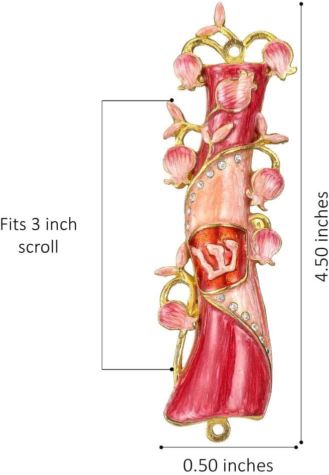 Matashi Hand Painted Mezuzah Gold Plated and Crystals (Red & Pink Enamel Mezuzah)