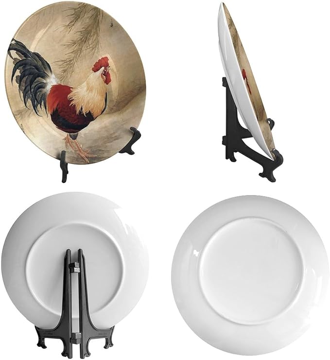 Rooster Decorative Plate Holder, 10 Inch, Rooster In The Reeds Round Display Plate, Table Top Plate Decor with Stand, for Home Kitchen Bedroom Decorative Ornaments