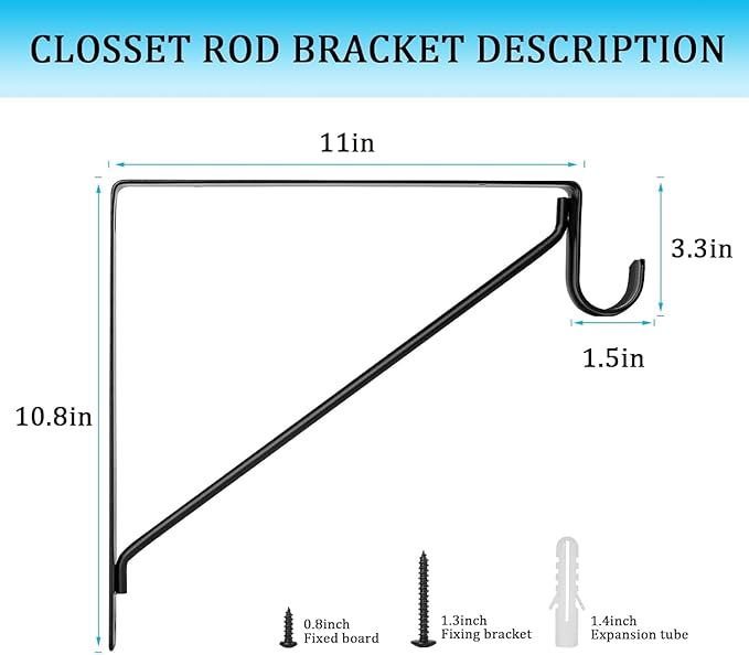 6 PCS Heavy Duty Closet Rod Bracket, 11 x 11 Inch Closet Shelf Brackets,Supports 300 lbs,Wall Mount Closet Rod Supports Bracket Hook with Screws, Closet Rod Holders for Home and Closet Decor(Black)