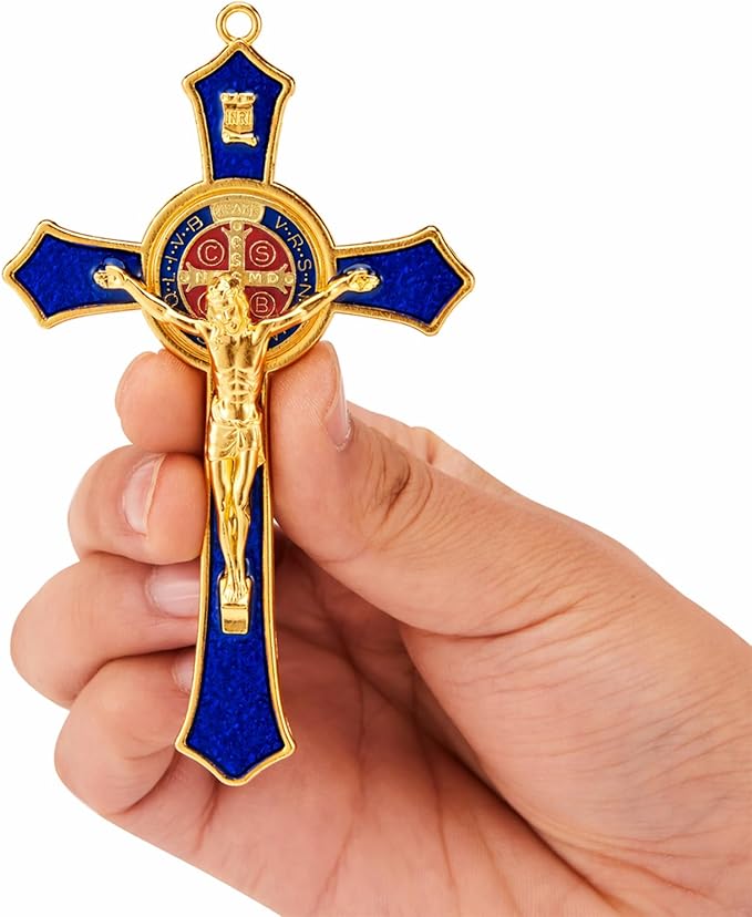 St Benedict Crucifix Blue,Crucifix Wall Cross for Catholic Decor,Medalla De San Benito,Jesus Christ Hanging Cross Wall Decor,Crucifijo Del Perdon,Saint Benedict Medal Prayer for Home Decoration