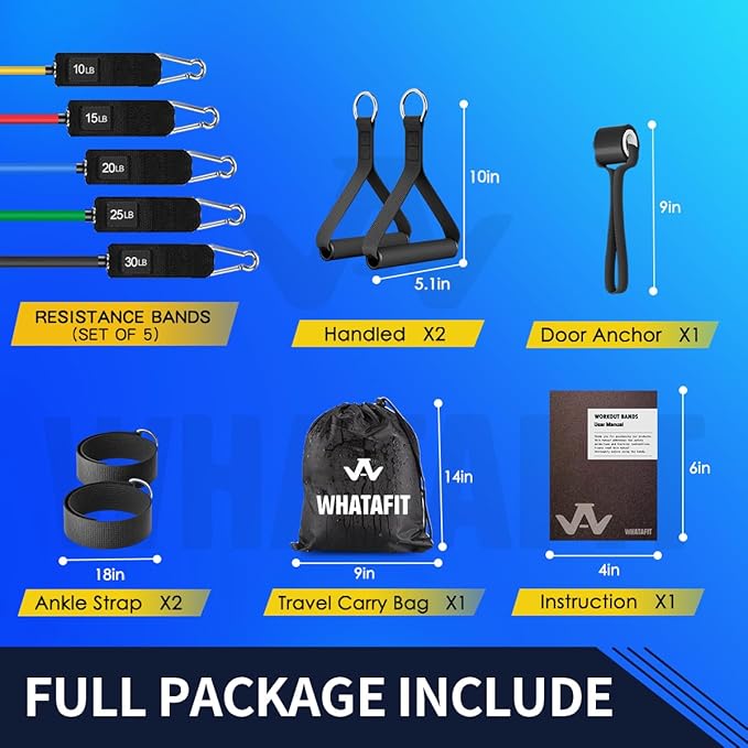 WHATAFIT Resistance Bands Set with Handles - Exercise Bands Home Gym Strength Training Equipment, Includes Door Anchor & Ankle Straps for Full Body Workout Bands, Physical Therapy - for Men and Women