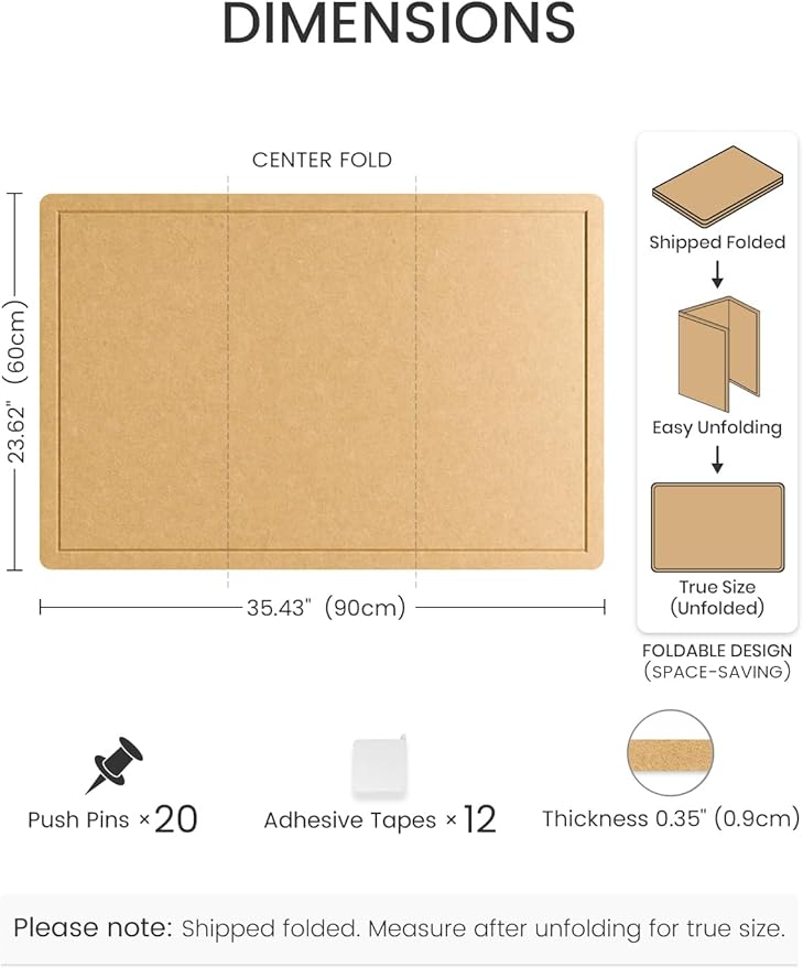 Fluxynara Bulletin Board,35.4" x 23.6" Cork Board Alternative with 12 Safe Removable Adhesive Tabs, Foldable Felt Pin Board for Home Office, Classroom, Bedroom,Entryway for Walls—Mustard Yellow