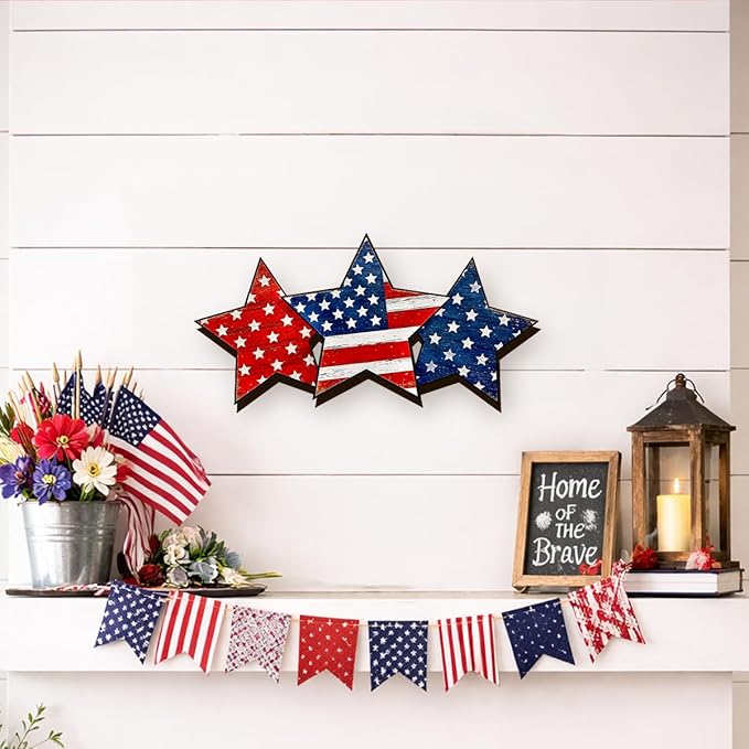 Wooden 4th of July Decorations Patriotic Wreaths for Front Door Independence Day Decorations Star Sign Welcome Memorial Day Hanging for Home Wall Decor Outdoor Indoor Red White and Blue Wreath 10