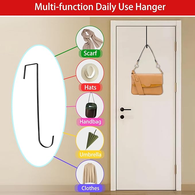 12 in Wreath Hanger Black Wreath Hangers for Front Door Wreaths Hangers Hook Over The Door Hook for Christmas Wreaths Holder Xmas Halloween Easter Home Outdoor Decorations