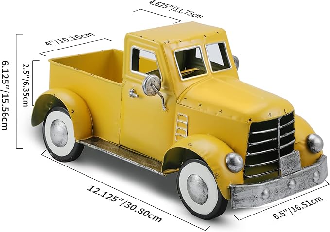 Vintage Farmhouse Yellow Fall Truck Decor, Rustic Metal Car Trucks Decors, Indoor Kitchen Storage Decorations, Outdoor Farm Pick-up Collectible Sunflower Pumpkin Vehicles
